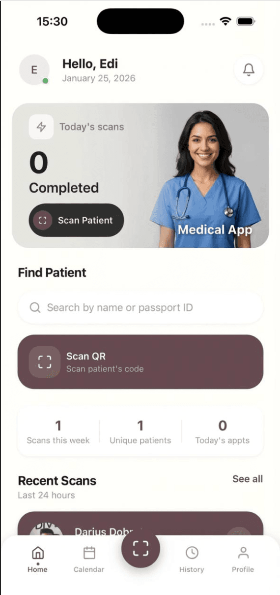 Aplicație pașaport medical — scanare QR și documentare tratamente